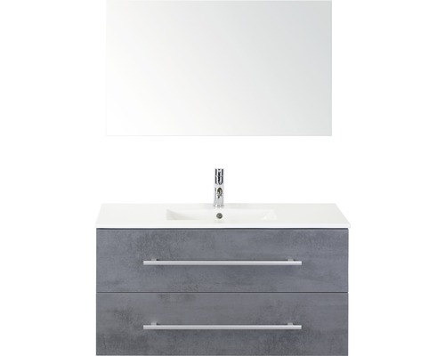 Badmöbel-Set Sanox Stretto BxHxT 101 x 170 x 39 cm Frontfarbe beton anthrazit mit Waschtisch Keramik weiß und Waschtischunterschrank Keramik-Waschtisch Spiegel