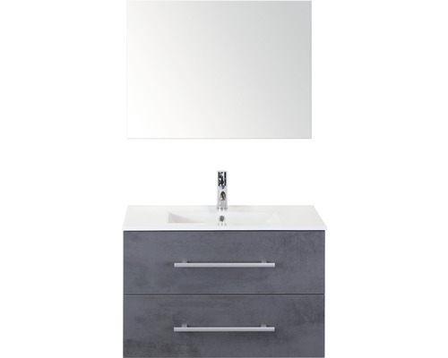 Badmöbel-Set Sanox Stretto BxHxT 81 x 170 x 39 cm Frontfarbe beton anthrazit mit Waschtisch Keramik weiß und Waschtischunterschrank Keramik-Waschtisch Spiegel Waschtisch mit zwei Schubladen, Waschbecken und Spiegel für das Badezimmer