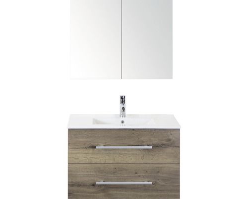 Badmöbel-Set Sanox Stretto BxHxT 81 x 170 x 39 cm Frontfarbe tabacco mit Waschtisch Keramik weiß Badmöbel-Set Sanox Stretto BxHxT 81 x 170 x 39 cm Frontfarbe tabacco mit Waschtisch Keramik weiß