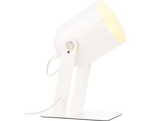 Weiße Tischleuchte mit verstellbarem Schirm.