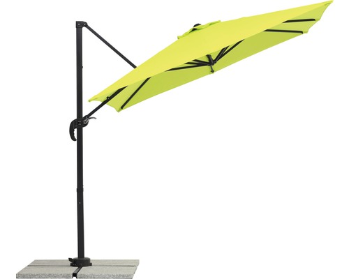 Freiarmschirm mit rechteckigem, gelbem Schirmdach und dunklem Gestell