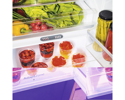 Innenraum eines Kühlschranks mit Gemüse, Obst und eingelegten Produkten.