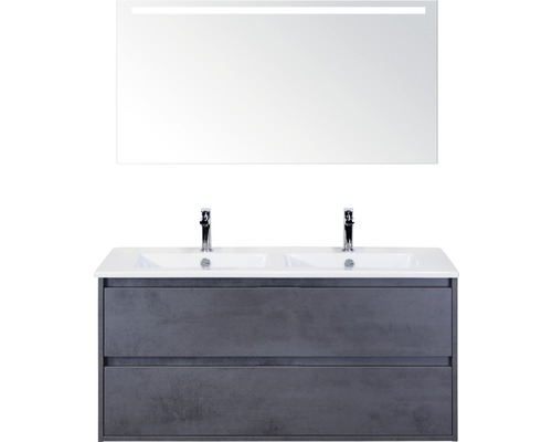 Badmöbelset 3-teilig Doppelbadmöbel Sanox Porto BxHxT 121 x 170 x 51 cm Frontfarbe beton anthrazit mit Waschtisch Keramik weiß und Waschtischunterschrank Keramik-Doppelwaschtisch Spiegel mit LED-Beleuchtung 84730141 Waschtisch mit zwei Waschbecken, Unterschrank mit zwei Schubladen und LED-Spiegel