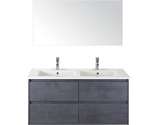 Badmöbelset 3-teilig Doppelbadmöbel Sanox Porto BxHxT 121 x 170 x 51 cm Frontfarbe beton anthrazit mit Waschtisch Keramik weiß und Waschtischunterschrank Keramik-Doppelwaschtisch Spiegel 84731241 Waschtisch mit zwei Waschbecken, Unterschrank mit vier Schubladen und Spiegel