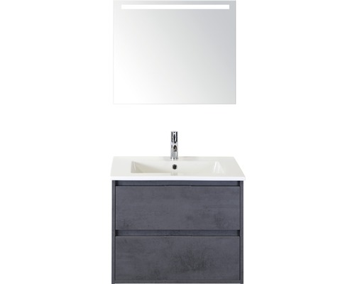 Badmöbel-Set Sanox Porto BxHxT 71 x 170 x 51 cm Frontfarbe beton anthrazit mit Waschtisch Keramik weiß und Waschtischunterschrank Waschtisch Spiegel mit LED-Beleuchtung