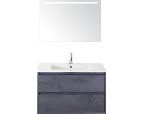 Badmöbel-Set Sanox Porto BxHxT 91 x 170 x 51 cm Frontfarbe beton anthrazit mit Waschtisch Keramik weiß und Waschtischunterschrank Waschtisch Spiegel mit LED-Beleuchtung
