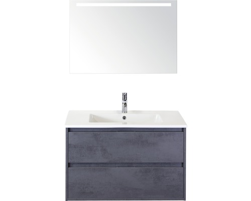 Badmöbel-Set Sanox Porto BxHxT 91 x 170 x 51 cm Frontfarbe beton anthrazit mit Waschtisch Keramik weiß und Waschtischunterschrank Waschtisch Spiegel mit LED-Beleuchtung Waschtischkombination mit Spiegel und zwei Schubladen