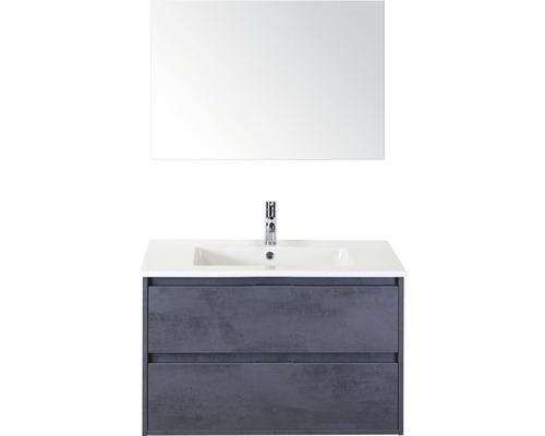 Badmöbel-Set Sanox Porto BxHxT 91 x 170 x 51 cm Frontfarbe beton anthrazit mit Waschtisch Keramik weiß und Waschtischunterschrank Waschtisch Spiegel