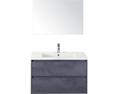 Badmöbel-Set Sanox Porto BxHxT 91 x 170 x 51 cm Frontfarbe beton anthrazit mit Waschtisch Keramik weiß und Waschtischunterschrank Waschtisch Spiegel Waschtisch mit Waschbecken und Spiegel für das Badezimmer