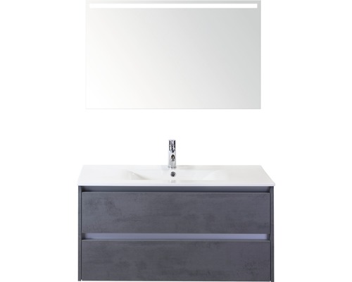 Badmöbel-Set Sanox Dante BxHxT 101 x 170 x 46 cm Frontfarbe beton anthrazit mit Waschtisch Keramik weiß und Keramik-Waschtisch Spiegel mit LED-Beleuchtung Waschtischunterschrank