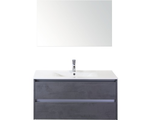 Badmöbel-Set Sanox Dante BxHxT 101 x 170 x 46 cm Frontfarbe beton anthrazit mit Waschtisch Keramik weiß und Keramik-Waschtisch Spiegel Waschtischunterschrank