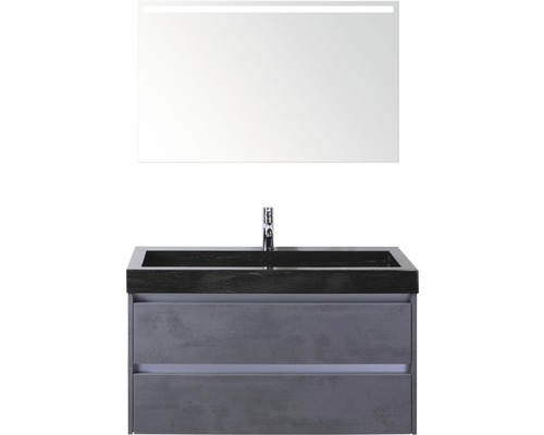 Badmöbel-Set Sanox Dante BxHxT 101 x 170 x 45,5 cm Frontfarbe beton anthrazit mit Waschtisch Naturstein schwarz und Naturstein-Waschtisch Spiegel mit LED-Beleuchtung Waschtischunterschrank