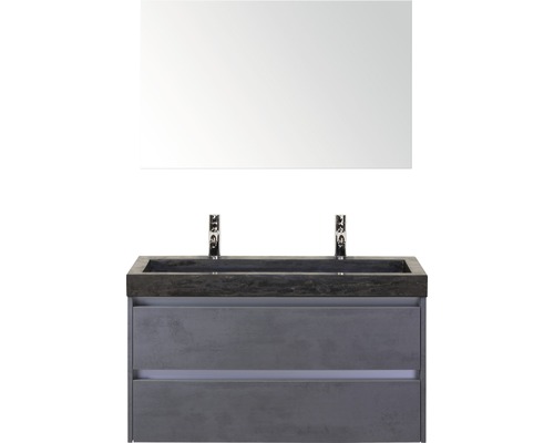 Badmöbel-Set Sanox Dante BxHxT 101 x 170 x 45,5 cm Frontfarbe beton anthrazit mit Waschtisch Naturstein schwarz und Spiegel Waschtischunterschrank Naturstein-Doppelwaschtisch