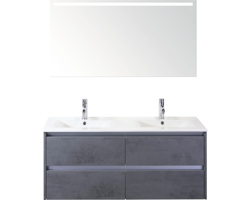 Badmöbel-Set Sanox Dante BxHxT 121 x 170 x 46 cm Frontfarbe beton anthrazit mit Waschtisch Keramik weiß und Keramik-Doppelwaschtisch Spiegel mit LED-Beleuchtung Waschtischunterschrank