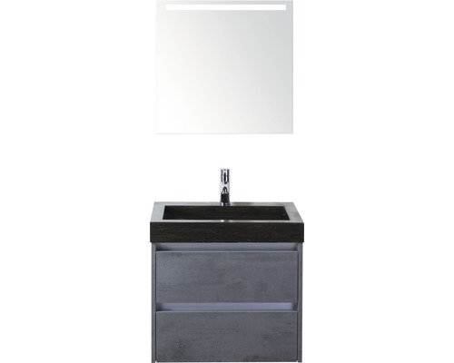 Badmöbel-Set Sanox Dante BxHxT 61 x 170 x 45,5 cm Frontfarbe beton anthrazit mit Waschtisch Naturstein schwarz und Naturstein-Waschtisch Spiegel mit LED-Beleuchtung Waschtischunterschrank