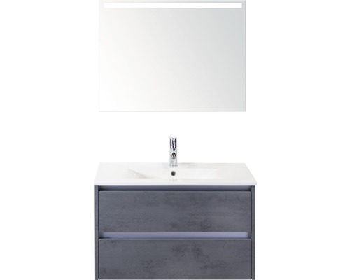 Badmöbel-Set Sanox Dante BxHxT 81 x 170 x 46 cm Frontfarbe beton anthrazit mit Waschtisch Keramik weiß und Keramik-Waschtisch Spiegel mit LED-Beleuchtung Waschtischunterschrank