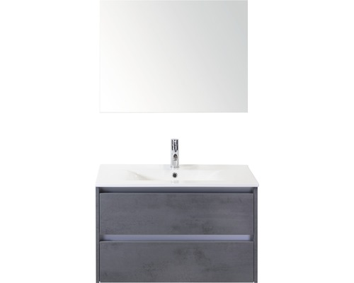 Badmöbel-Set Sanox Dante BxHxT 81 x 170 x 46 cm Frontfarbe beton anthrazit mit Waschtisch Keramik weiß und Keramik-Waschtisch Spiegel Waschtischunterschrank