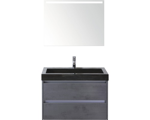 Badmöbel-Set Sanox Dante BxHxT 81 x 170 x 45,5 cm Frontfarbe beton anthrazit mit Waschtisch Naturstein schwarz und Naturstein-Waschtisch Spiegel mit LED-Beleuchtung Waschtischunterschrank