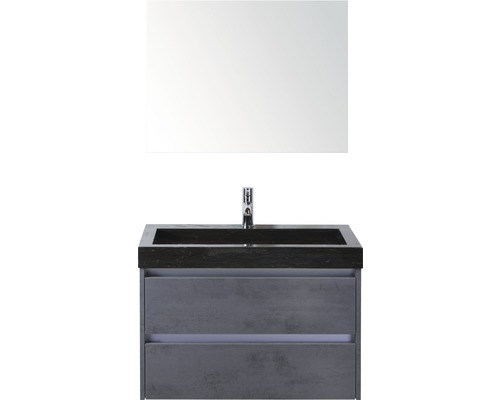 Badmöbel-Set Sanox Dante BxHxT 81 x 170 x 45,5 cm Frontfarbe beton anthrazit mit Waschtisch Naturstein schwarz und Naturstein-Waschtisch Spiegel Waschtischunterschrank