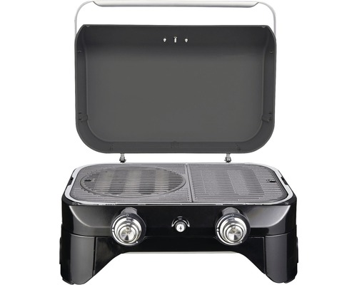 Tragbarer Gasgrill mit Grillrost und Deckel geöffnet