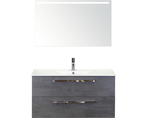 Badmöbel-Set Sanox Seville BxHxT 101 x 170 x 46 cm Frontfarbe beton anthrazit mit Waschtisch Keramik weiß und Waschtischunterschrank Waschtisch Spiegel mit LED-Beleuchtung