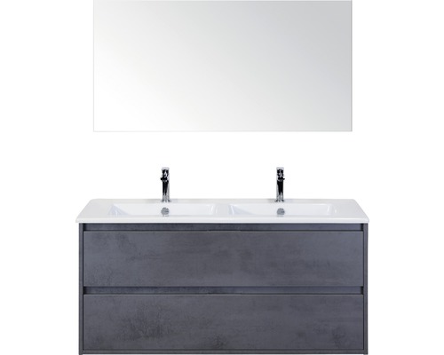 Badmöbelset 3-teilig Doppelbadmöbel Sanox Porto BxHxT 121 x 170 x 51 cm Frontfarbe beton anthrazit mit Waschtisch Keramik weiß und Waschtischunterschrank Keramik-Doppelwaschtisch Spiegel 84730041 Doppelwaschtisch mit Unterschrank und Spiegel für das Badezimmer