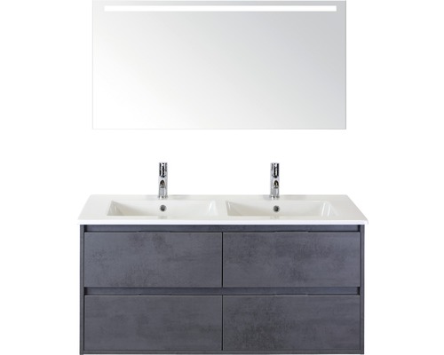 Badmöbelset 3-teilig Doppelbadmöbel Sanox Porto BxHxT 121 x 170 x 51 cm Frontfarbe beton anthrazit mit Waschtisch Keramik weiß und Waschtischunterschrank Keramik-Doppelwaschtisch Spiegel mit LED-Beleuchtung 84731341 Doppelwaschtisch mit Unterschrank und Spiegel mit Beleuchtung für das Badezimmer