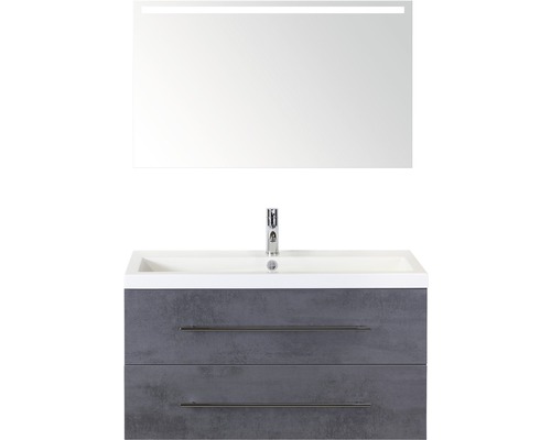Badmöbel-Set Sanox Straight BxHxT 100 x 170 x 40 cm Frontfarbe beton anthrazit mit Waschtisch Mineralguss weiß und Waschtischunterschrank Mineralguss-Waschtisch Spiegel mit LED-Beleuchtung
