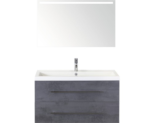 Badmöbel-Set Sanox Straight BxHxT 100 x 170 x 40 cm Frontfarbe beton anthrazit mit Waschtisch Mineralguss weiß und Waschtischunterschrank Mineralguss-Waschtisch Spiegel mit LED-Beleuchtung Waschtischkombination mit LED Spiegel und zwei Schubladen