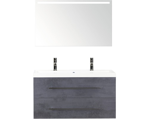 Badmöbel-Set Sanox Straight BxHxT 100 x 170 x 40 cm Frontfarbe beton anthrazit mit Waschtisch Mineralguss weiß und Waschtischunterschrank Mineralguss-Doppelwaschtisch Spiegel mit LED-Beleuchtung Waschtisch mit zwei Schubladen, Aufsatzwaschbecken und Spiegel mit Beleuchtung für das Badezimmer