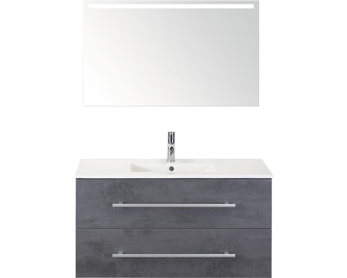 Badmöbel-Set Sanox Stretto BxHxT 101 x 170 x 39 cm Frontfarbe beton anthrazit mit Waschtisch Keramik weiß und Waschtischunterschrank Keramik-Waschtisch Spiegel mit LED-Beleuchtung