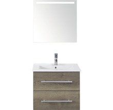Badmöbel-Set Sanox Stretto BxHxT 61 x 170 x 39 cm Frontfarbe tabacco mit Waschtisch Keramik weiß und Waschtischunterschrank Keramik-Waschtisch Spiegel mit LED-Beleuchtung