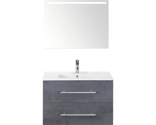 Badmöbel-Set Sanox Stretto BxHxT 81 x 170 x 39 cm Frontfarbe beton anthrazit mit Waschtisch Keramik weiß und Waschtischunterschrank Keramik-Waschtisch Spiegel mit LED-Beleuchtung