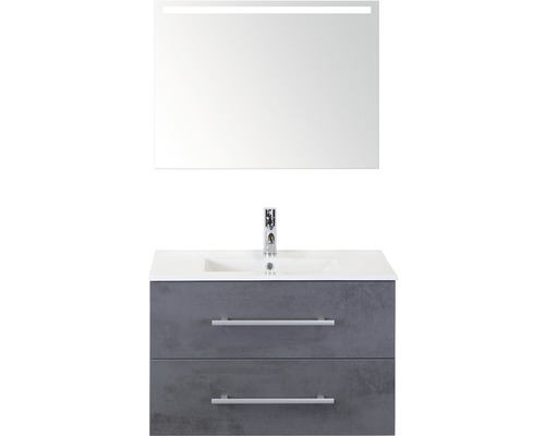 Badmöbel-Set Sanox Stretto BxHxT 81 x 170 x 39 cm Frontfarbe beton anthrazit mit Waschtisch Keramik weiß und Waschtischunterschrank Keramik-Waschtisch Spiegel mit LED-Beleuchtung Waschtisch mit Waschbecken, zwei Schubladen, Armatur und Spiegel mit Beleuchtung.
