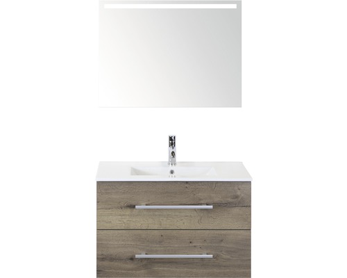 Badmöbel-Set Sanox Stretto BxHxT 81 x 170 x 39 cm Frontfarbe tabacco mit Waschtisch Keramik weiß und Waschtischunterschrank Keramik-Waschtisch Spiegel mit LED-Beleuchtung Badezimmer Waschtisch mit zwei Schubladen, Waschbecken und beleuchtetem Spiegel