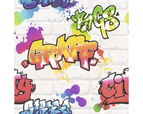 Papiertapete 272901 Kids&Teens 3 Graffiti Grau Tapete mit Graffiti-Motiv auf Backsteinhintergrund