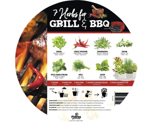 7 Kräuter für Grill und Barbecue mit Basilikum, Chili, Rosmarin, Thymian, wildem Majoran, Dill und Salbei