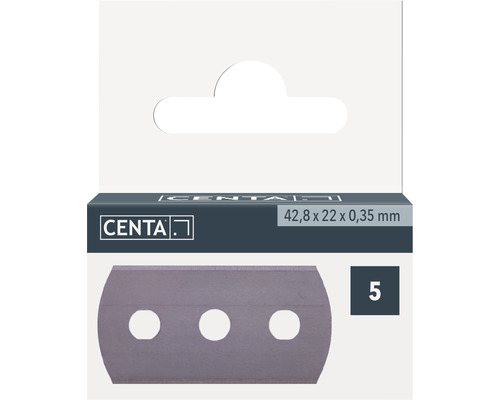 Packung mit fünf Centa Trapezklingen mit den Maßen 42,8 x 22 x 0,35 Millimeter