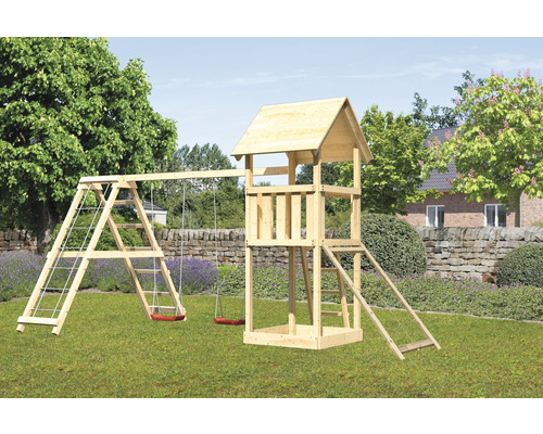 Spielturm Spielhaus Karibu Lotti 107 x 107 cm Holz bestehend aus Anbau, Grundturm, Netzrampe, rot Spielturm Spielhaus Karibu Lotti 107 x 107 cm Holz bestehend aus Anbau, Grundturm, Netzrampe, rot