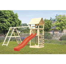 Spielturm aus Holz mit Rutsche, Schaukel und Kletterwand im Garten