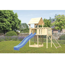 Spielturm Spielhaus Karibu Lotti 107 x 107 cm Holz bestehend aus Rutsche, Anbau, Netzrampe, blau