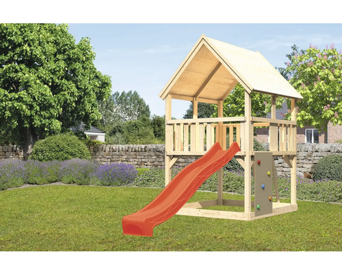 Spielturm Spielhaus Karibu Luis 200 x 200 cm Holz bestehend aus Grundturm, Rutsche, Kletterwand rot