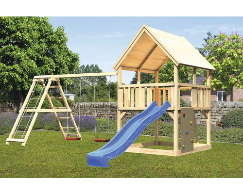 Spielturm Spielhaus Karibu Frieda 200 x 200 cm Holz bestehend aus Grundturm, Rutsche, Kletterwand, Anbau, Schaukel