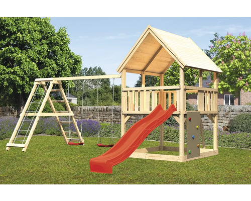 Spielturm Spielhaus Karibu Frieda 200 x 200 cm Holz bestehend aus Grundturm, Anbau, Plattform, Netzrampe, Schaukel, Rutsche