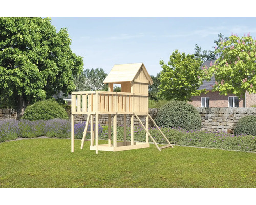 Spielturm Spielhaus Karibu Frieda 107 x 107 cm Holz bestehend aus Anbau, Netzrampe Spielturm aus Holz mit Leiter und Sandkasten im Garten