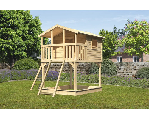 Spielturm Spielhaus Karibu Benjamin 198 x 244 cm Holz bestehend aus Netzrampe