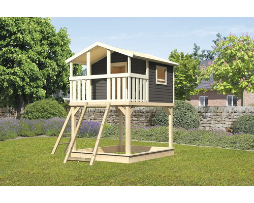 Spielturm Spielhaus Karibu Benjamin 198 x 244 cm Holz grau bestehend aus Netzrampe