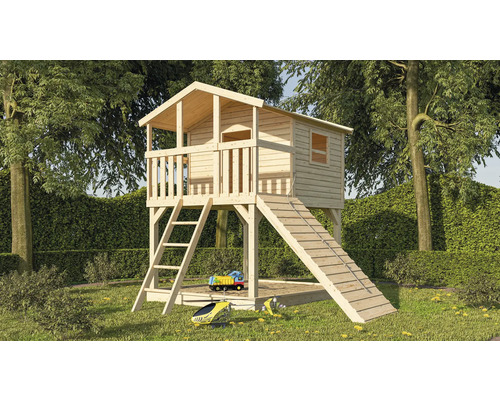 Spielturm Spielhaus Karibu Benjamin 198 x 244 cm Holz bestehend aus Holzrampe