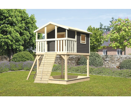 Spielturm Spielhaus Karibu Benjamin 198 x 244 cm Holz grau bestehend aus Holzrampe