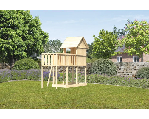 Spielturm Spielhaus Karibu Frieda 107 x 107 cm Holz bestehend aus Anbau Holzspielhaus mit Leiter im Garten